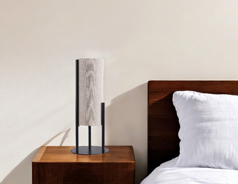 Metal Bedside Lamp With Beige Cylinder Shade - Black