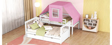 Load image into Gallery viewer, Twin Over Twin Bunk Bed Wood Bed with Tent and Drawers, White+Pink Tent
