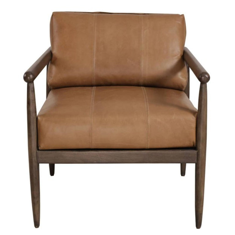 28" Transitional Genuine Leather And Solid Wood Arm Chair - Brown