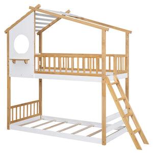 Twin Over Twin Bunk Bed Wood Bed with Roof, Window, Ladder,Natural(OLD SKU :LT100008AAD)