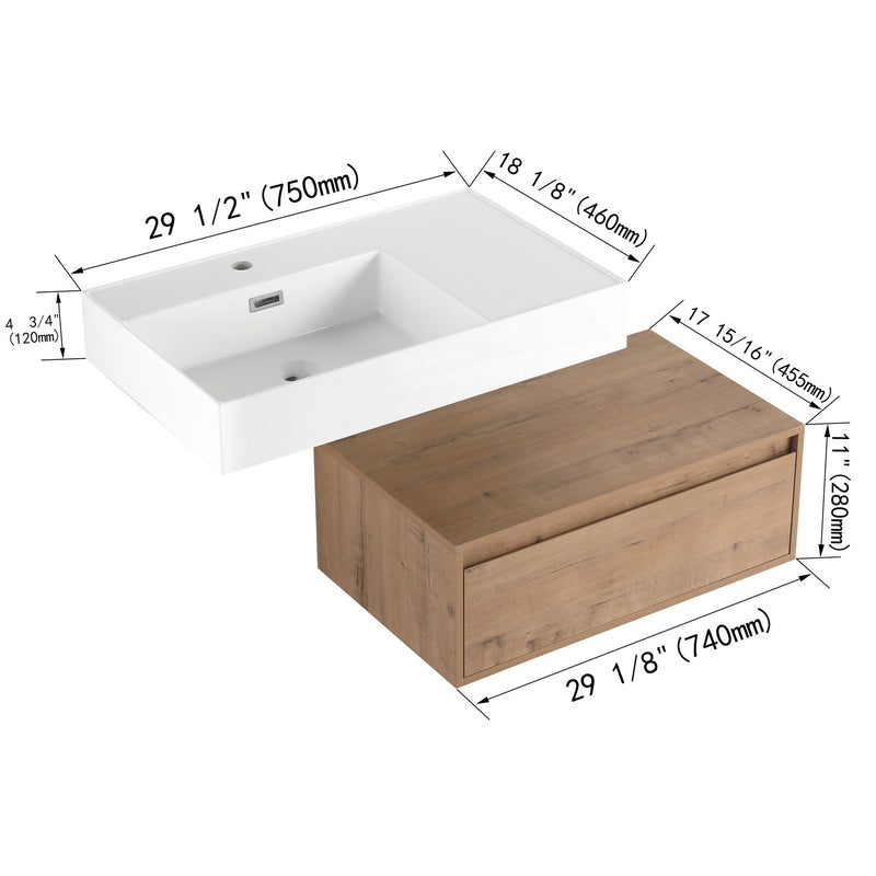 Modern Wall Mounted Bathroom Vanity With Resin Sink And Soft Close Drawer - Imitative Oak