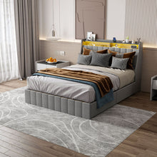 Load image into Gallery viewer, Queen Size Bed Frame With LED Lighting, Winged Headboard With Storage Drawers - Light Gray
