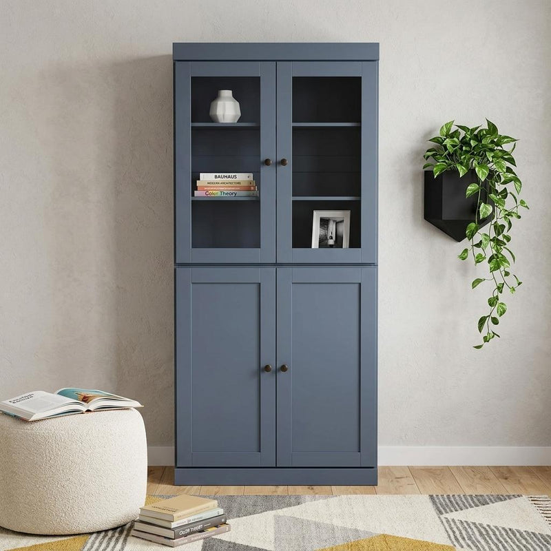 Solid Wood Adjustable Six Tier Library Bookcase With Four Doors (751528) - French Blue