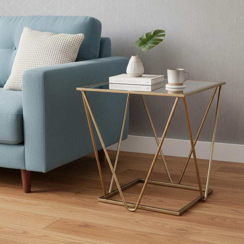 Glass And Metal Square Mirrored End Table - Champagne And Silver