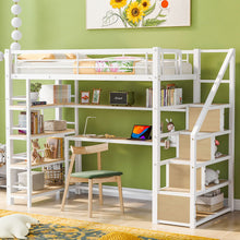 Load image into Gallery viewer, Twin Size Loft Bed With Built In Desk, Staircase Storage &amp; 4 Tier Shelves - White
