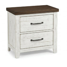 Load image into Gallery viewer, 2 Drawer Nightstand With Brass Arch Pulls, Bedroom Furniture - Brown / Distressed White / Walnut
