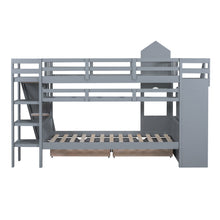 Load image into Gallery viewer, Twin-Over-Twin Castle Style Bunk Bed with 2 Drawers 3 Shelves and Slide - Gray
