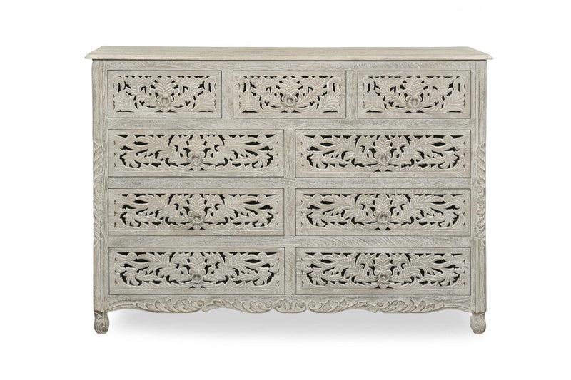 Carved Floral Solid Wood Nine Drawer Dresser - Gray