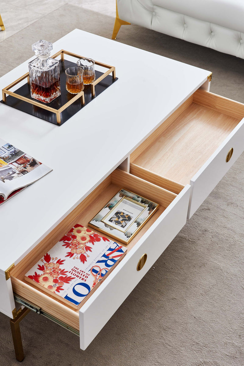 Solid Wood Stainless Steel Coffee Table With Two Drawers - White / Gold