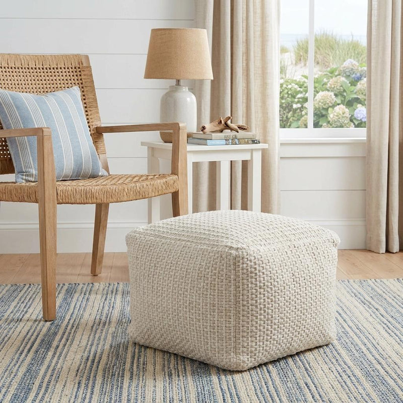 Cotton Blend Cube Pouf Ottoman - Off White