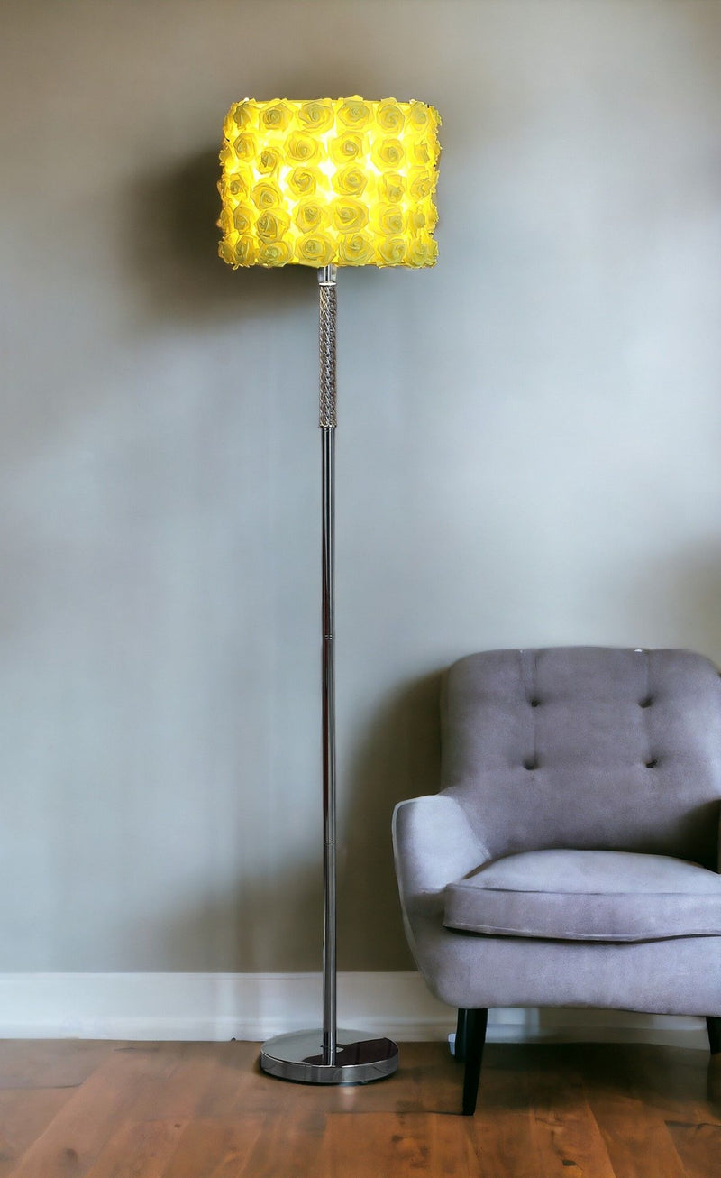 Steel And Acrylic Floor Lamp With Flowers Fabric Drum Shade - Silver Yellow