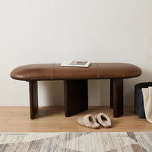 Load image into Gallery viewer, 48" Brown Genuine Leather and Solid Wood Upholstered Bench
