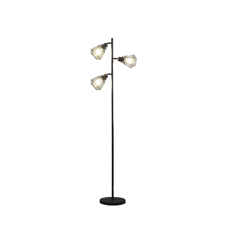Three Light Tree Floor Lamp With Black Metal Cage Shade - Black