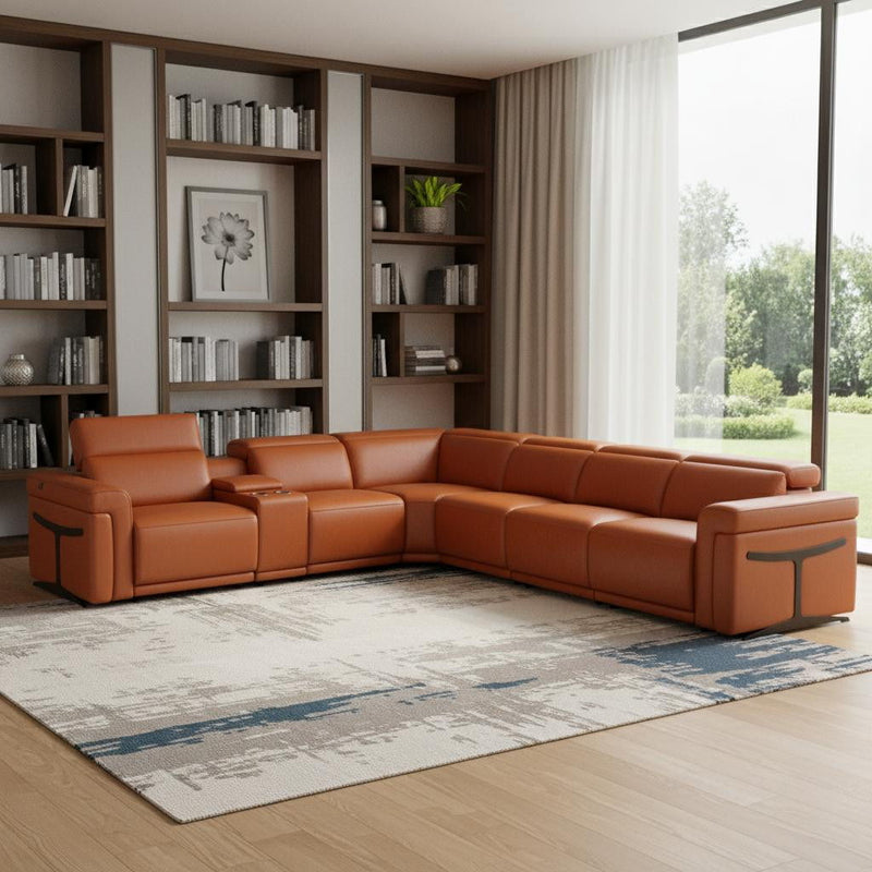 Italian Leather Modular L Shaped Seven Piece Corner Sectional With Console - Camel