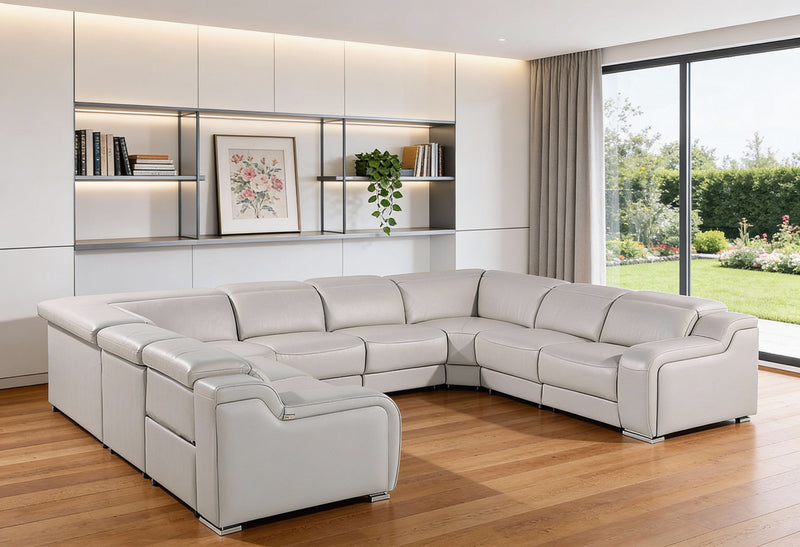 Leather Power Reclining U-Shaped Eight Piece Corner Sectional With Console - Light Gray