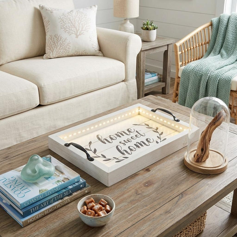 Wood Home Sweet Home Serving Tray With Handles And Led Lights - White And Black
