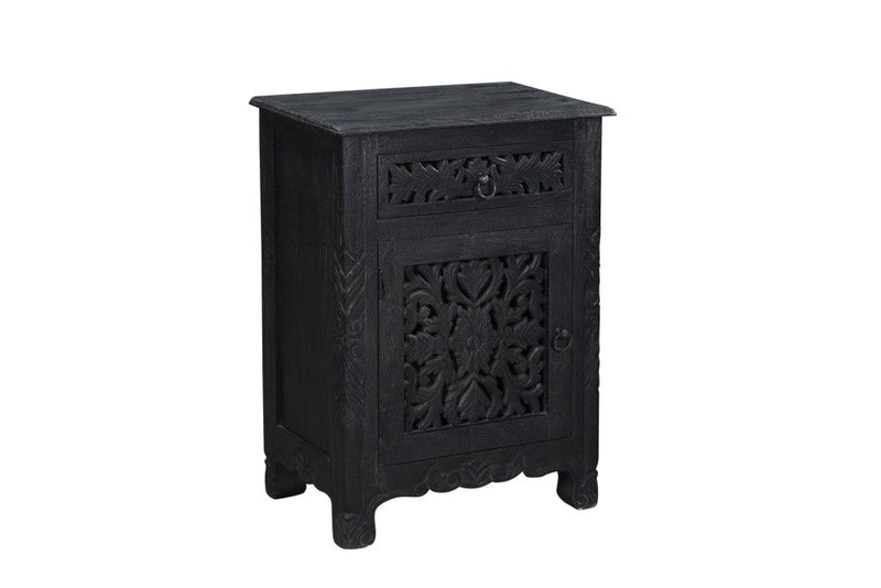 One Drawer Floral Carved Solid Wood Nightstand - Distressed Black