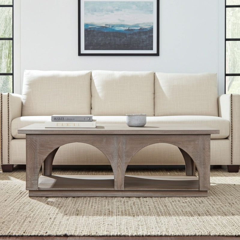 59" Solid Wood Distressed Floor Shelf Coffee Table With Shelf - Natural