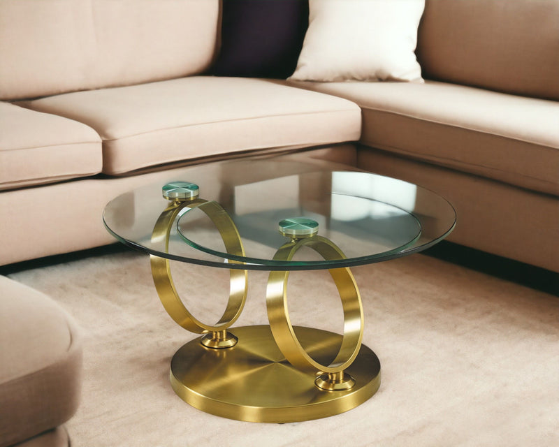 32" Glass And Metal Round Abstract Coffee Table - Clear And Gold