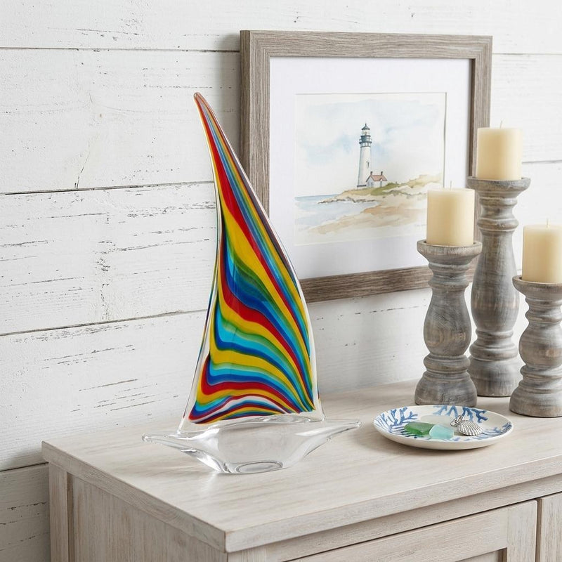 Murano Sailboat Tabletop Sculpture - Clear / Red / Blue