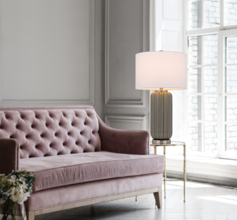 Metal Cylinder Table Lamp With White Drum Shade - Gray