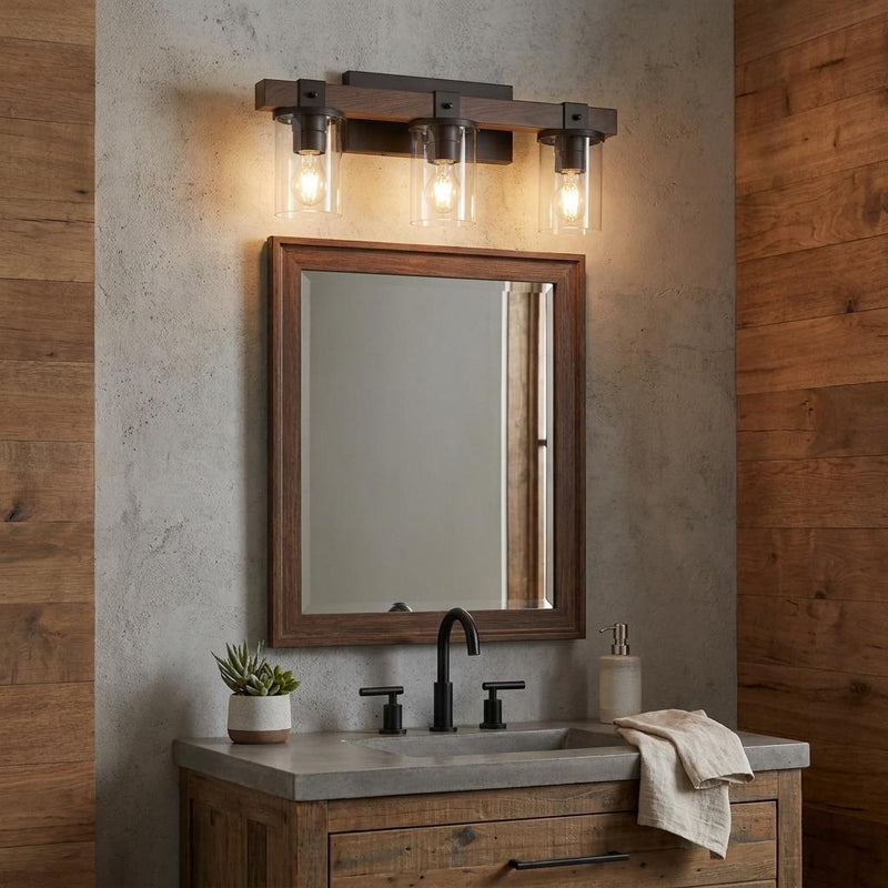 Wood Metal And Glass Three Light Bath Bar Vanity Light - Brown