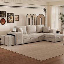 Load image into Gallery viewer, Modern L-Shape 3 Seat Reversible Sectional Couch, Pull Out Sleeper Sofa With Storage Chaise And 2 Stools For Living Room Furniture Set
