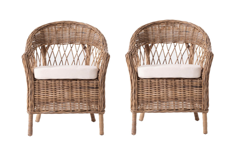 Semi Circle Back Wicker Chairs With Seat Cushions (Set of 2) - Natural