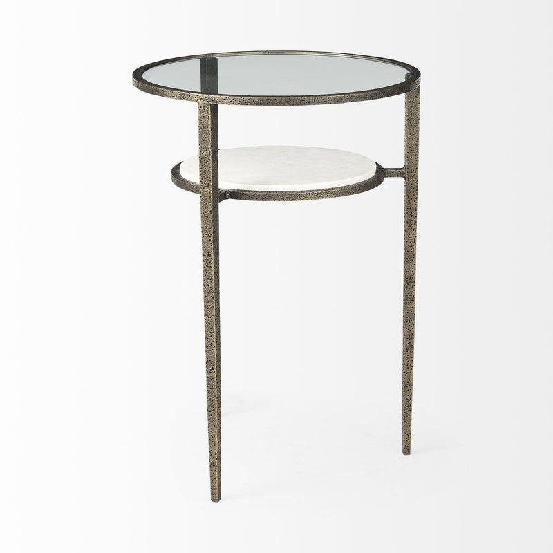 Glass And Metal Round End Table With Shelf - Bronze And Clear