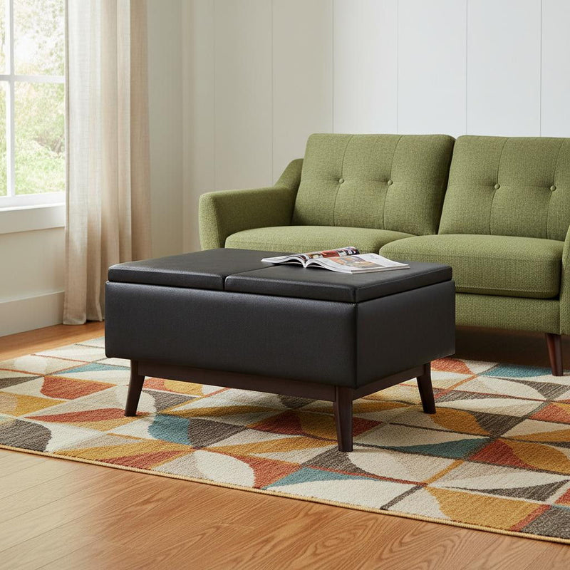34" Leather Cocktail Ottoman With Storage - Black / Dark Brown