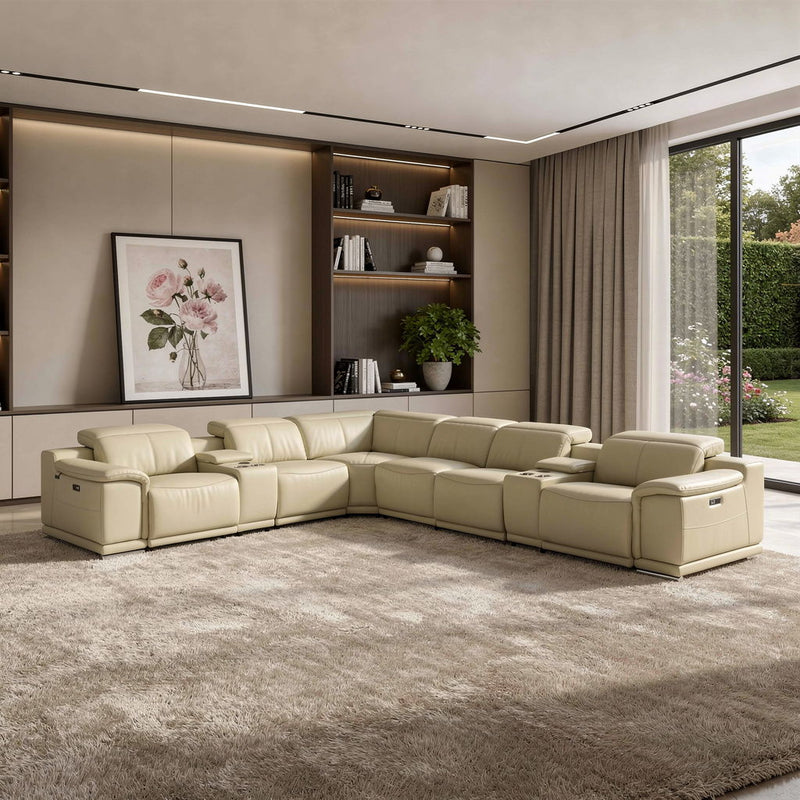 Italian Leather Power Reclining U Shaped Eight Piece Corner Sectional With Console - Beige
