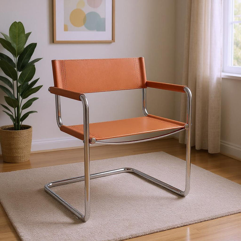 Leather Stainless Steel Arm Chair - Terra Cotta / Silver