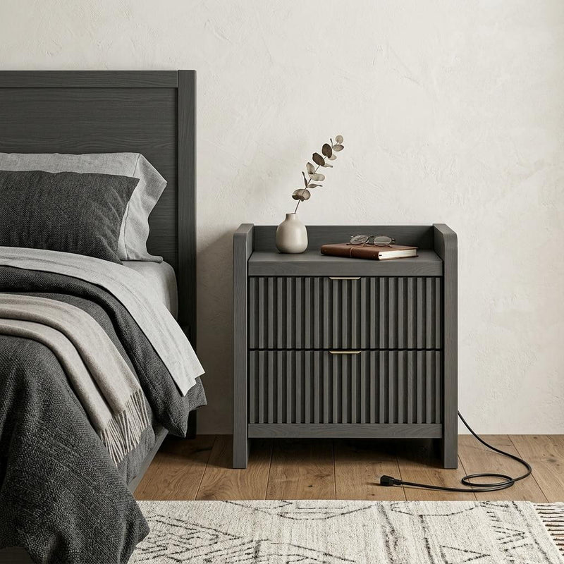 Wood Ribbed Texture Two Drawer Nightstand With USB Port And Integrated Tech - Black