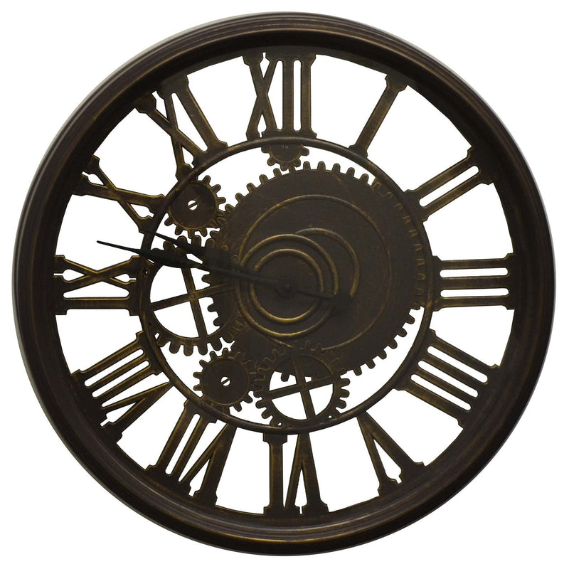 Heavy Duty Plastic Silent Skeleton Exposed Gear Round Wall Clock - Antiqued Gold / Brown