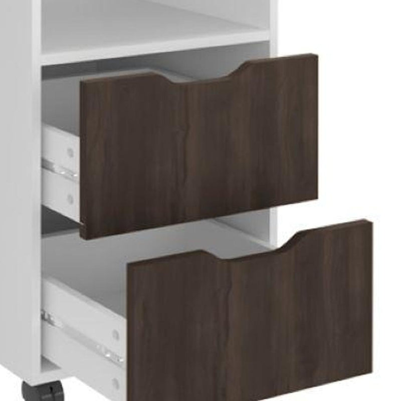Wood Rolling Pedestal Computer Desk With And Two Drawers - White And Walnut