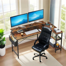 Load image into Gallery viewer, L-Shaped Gaming Desk With Power Outlets, Monitor Stand &amp; Storage Shelves, Reversible Corner Workstation - Black / Brown
