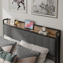 Load image into Gallery viewer, Queen Size Bed Frame with Charging Station, Upholstered Headboard, Metal Platform, Grey
