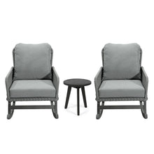 Load image into Gallery viewer, Modern 3 Piece Outdoor Seating Set With Cushioned Rattan Rocking Chairs And Wooden Accent Table
