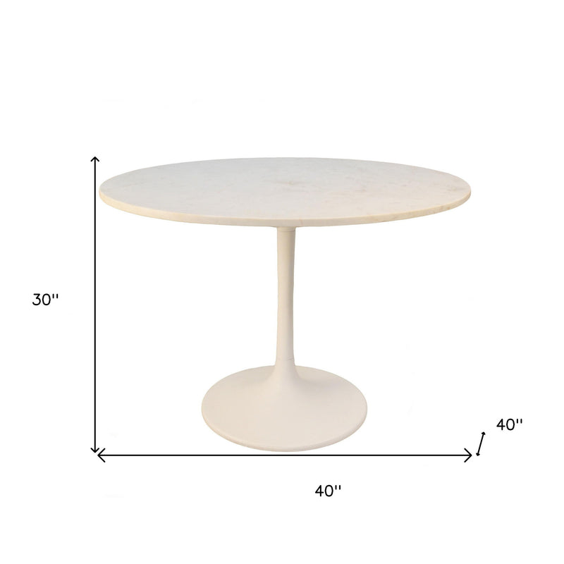 40" Rounded Marble And Iron Pedestal Base Dining Table - White