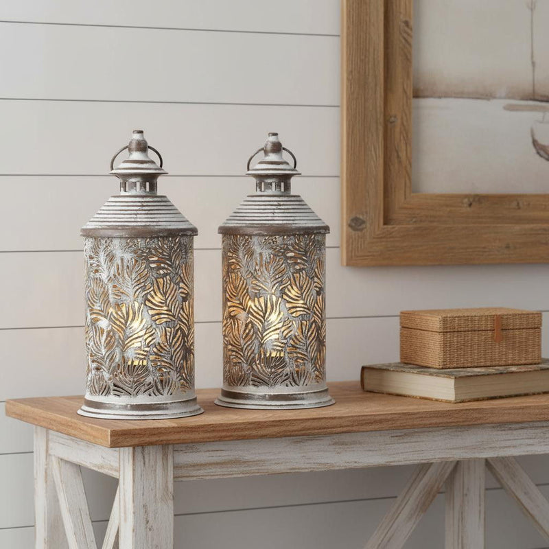 11" Metal Lantern Bedside Lamp LED With Gray Botanical Leaves Novelty Shade (Set Of 2) - Distressed Gray