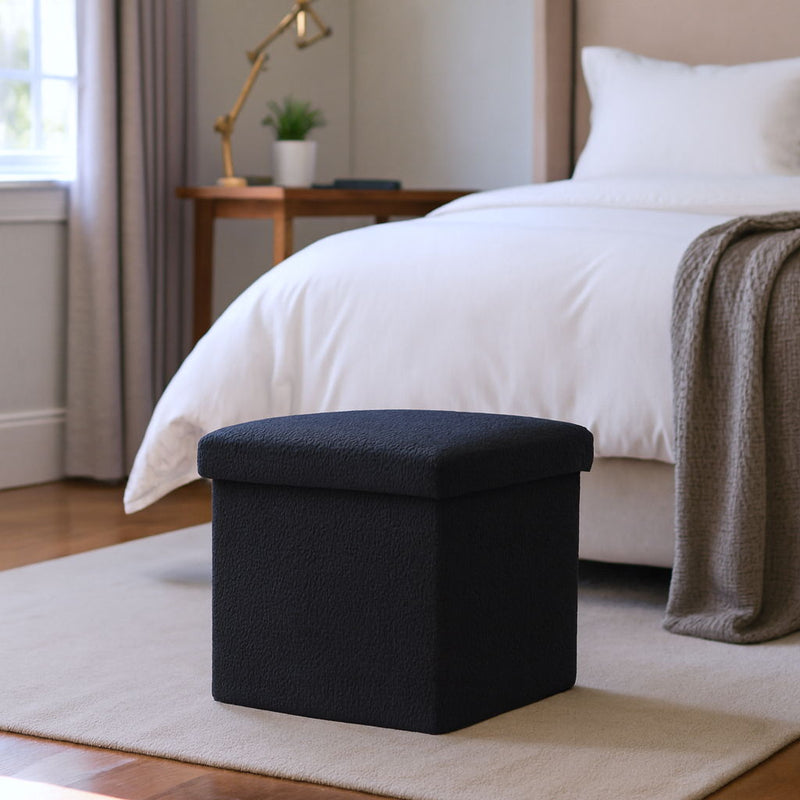 12" Boucle Cube Storage Ottoman - Black