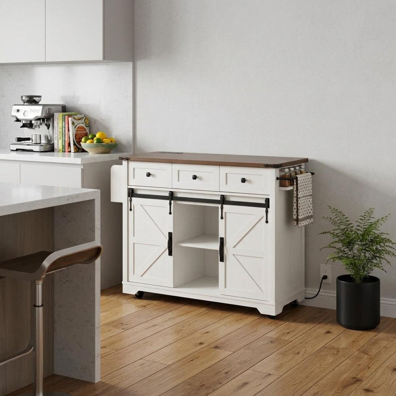 Brown And Wood Flat Door Rolling Kitchen Cart With Storage With USB (755918) - White