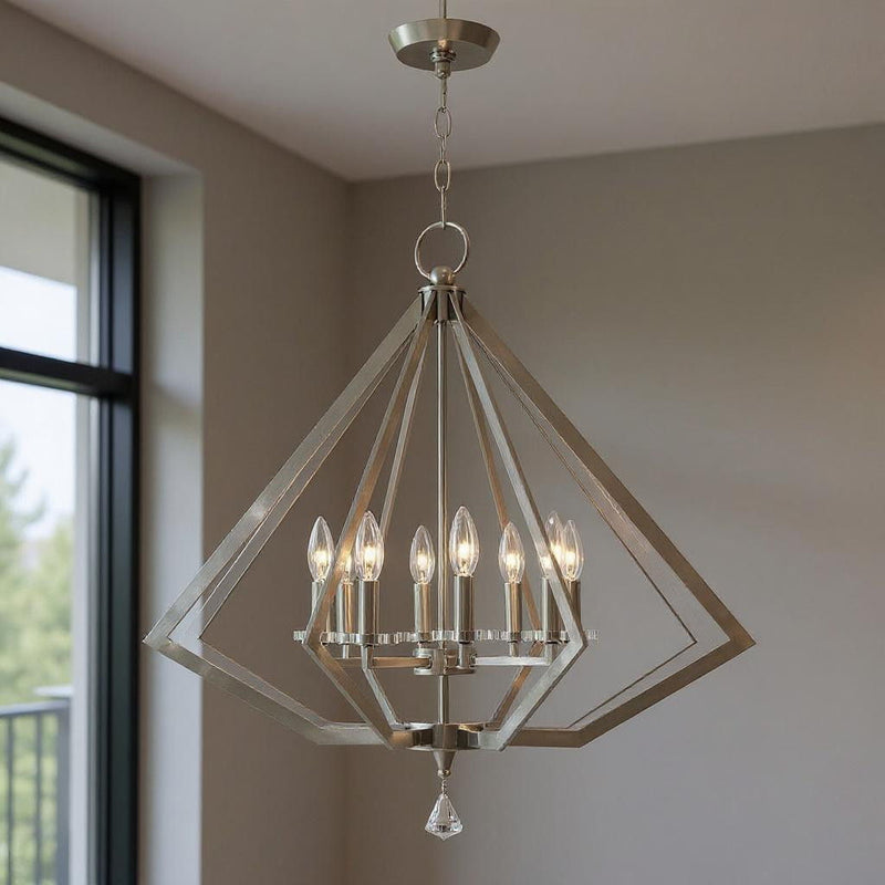 28" Eight Light Dimmable Chandelier With Shades - Nickel
