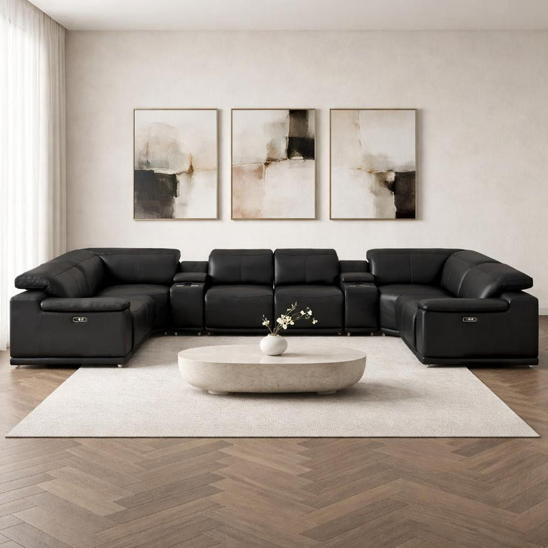 Leather Modular U Shaped Eight Piece Corner Sectional With Console - Black