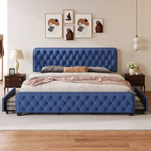 Load image into Gallery viewer, Upholstered Platform Bed Frame with Four Drawers, Button Tufted Headboard and Footboard Sturdy Metal Support, No Box Spring Required, Blue, King (Old sku: BS300277AAC)
