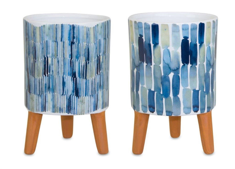 Round Raised Pot Planters (Set of 2) - Blue / Terra Cotta / White