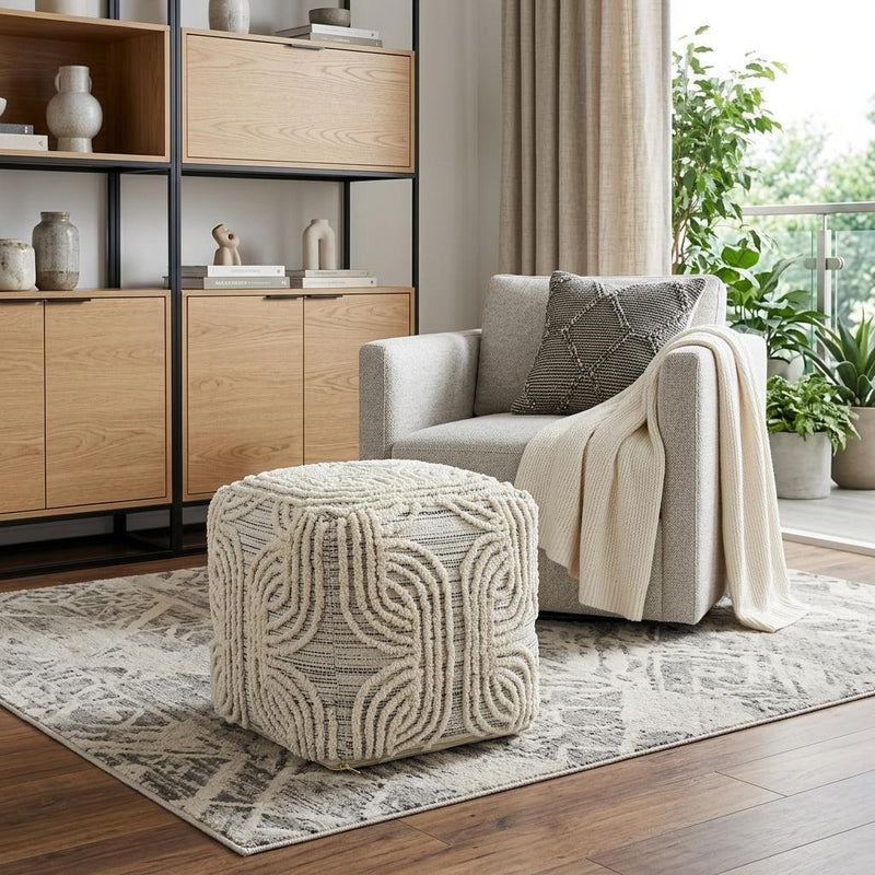 Fabric Geometric Round Pouf Ottoman - Gray / Beige