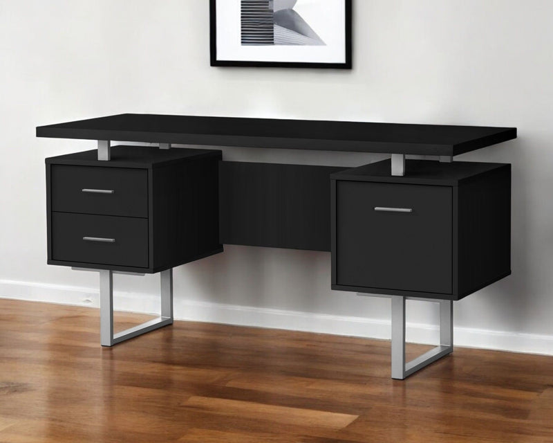 60" Wood And Metal Sled Computer Desk With Three Drawers - Black And Gray