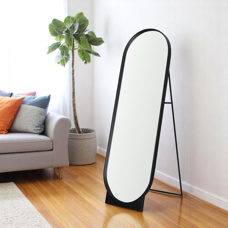 67" Metal Oval Freestanding Tilting Geometric Framed Standing Mirror - Black