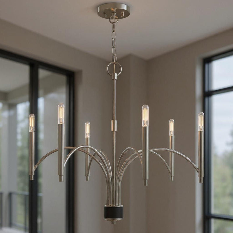 24" Six Light Dimmable Chandelier With Shades - Nickel / Pearl Silver